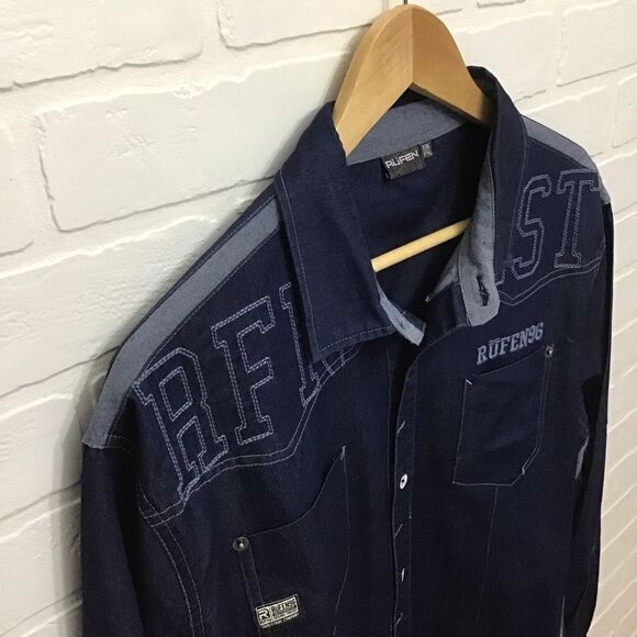 RUFEN Men’s XXL Embroidered Denim Button Down Shirt | Cotton Stretch Long Sleeve - Picture 2 of 16